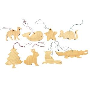 Vintage Wooden Hanging Ornaments Lot of 8 Hand Cut Wood Animals, Tree & Star